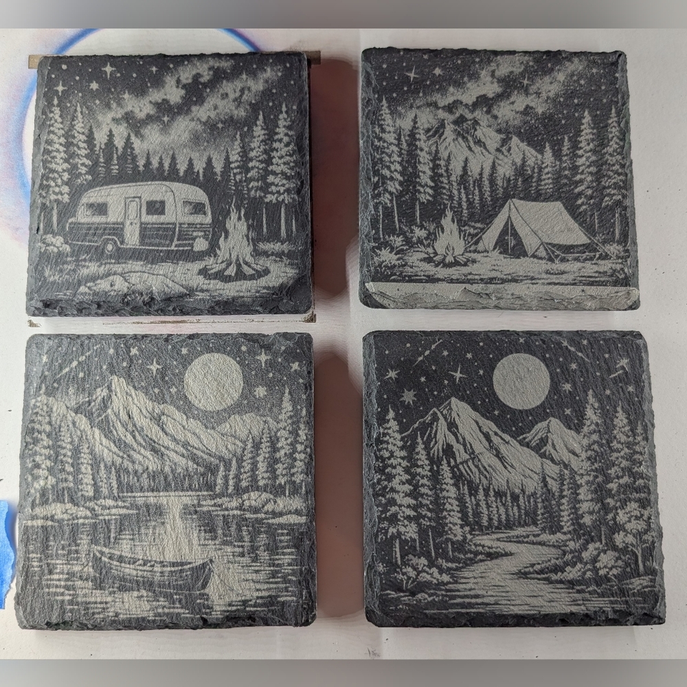 Set of 4 Nature Engraved Stone Coasters - Gray Moonlit Camp Scenes